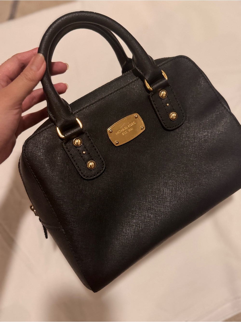 MICHAEL Michael Kors Black Saffiano Dome Satchel with Gold Hardware